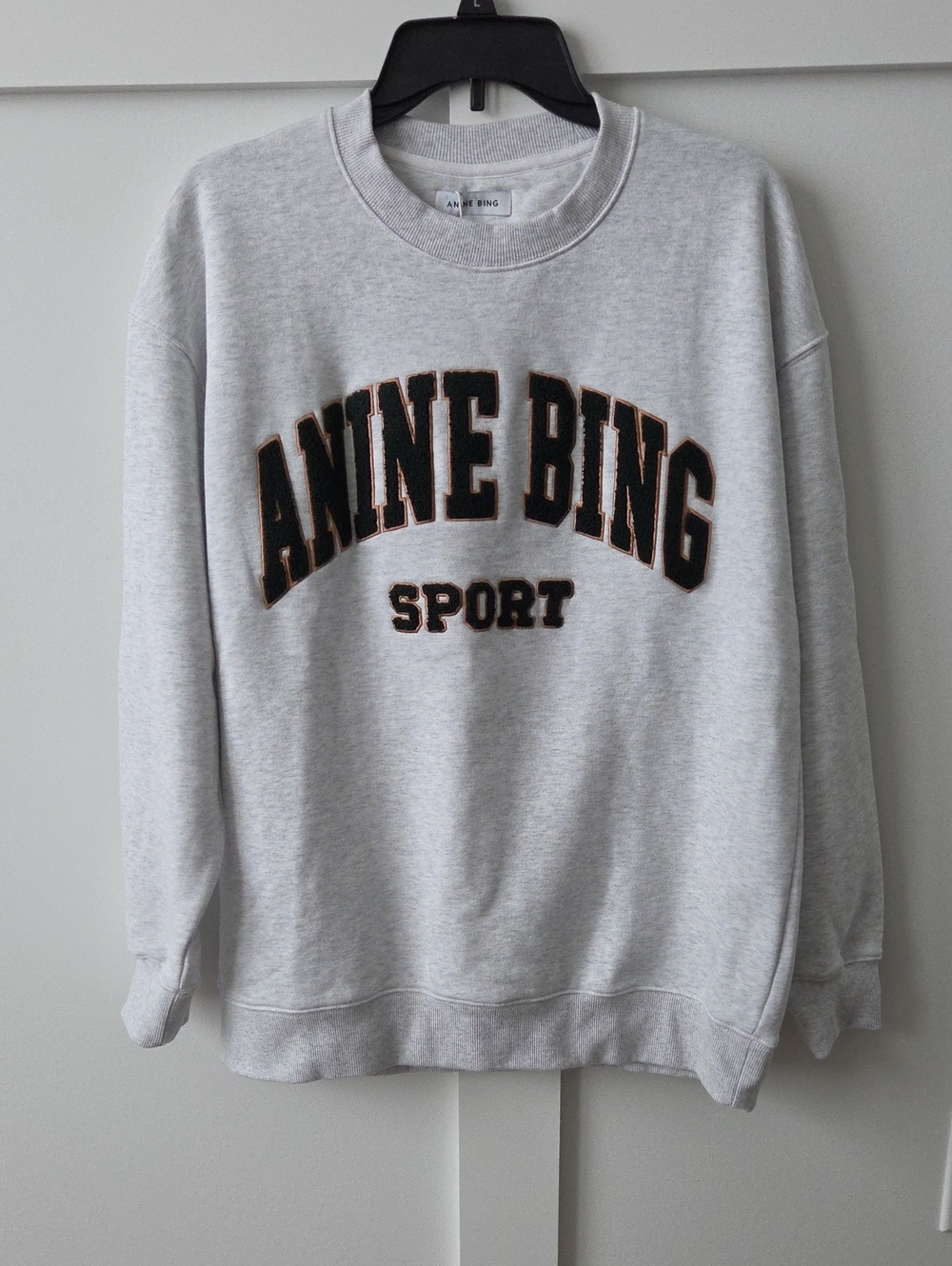 Anine Bing Light Gray Logo Crewneck Sweatshirt with Black & Brown Appliqué